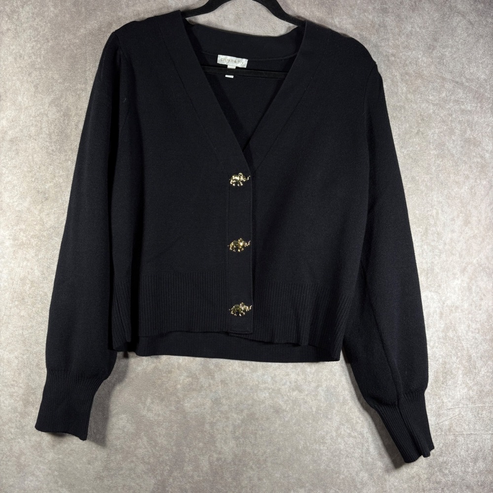Crown & Ivy Cardigan Womens L Black Elephant‎ Button V-Neck Knit Preppy Sweater